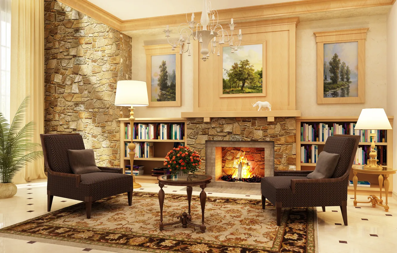 Photo wallpaper room, Villa, interior, fireplace, living room