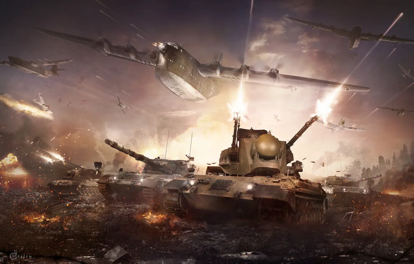 Photo wallpaper explosions, battle, the battle, tanks, aircraft, warthunder, Wildcats under fire