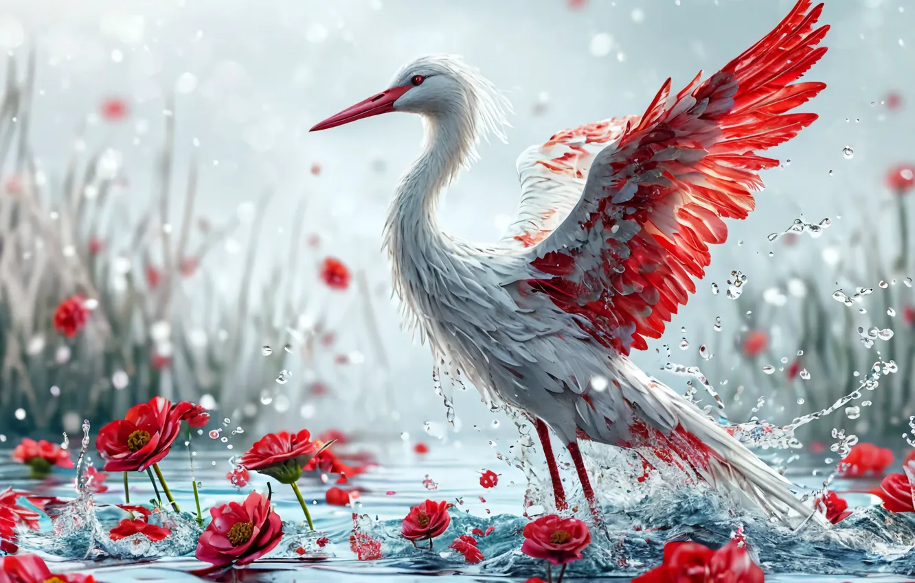 Photo wallpaper red, animal, bird, roses, stork, al, red roses, cranes