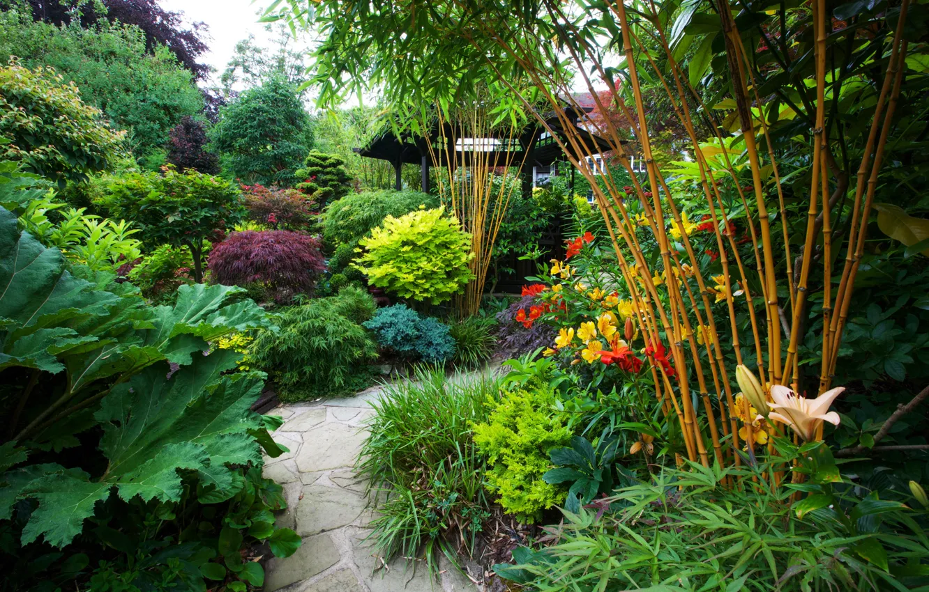 Photo wallpaper greens, trees, flowers, England, garden, track, gazebo, the bushes