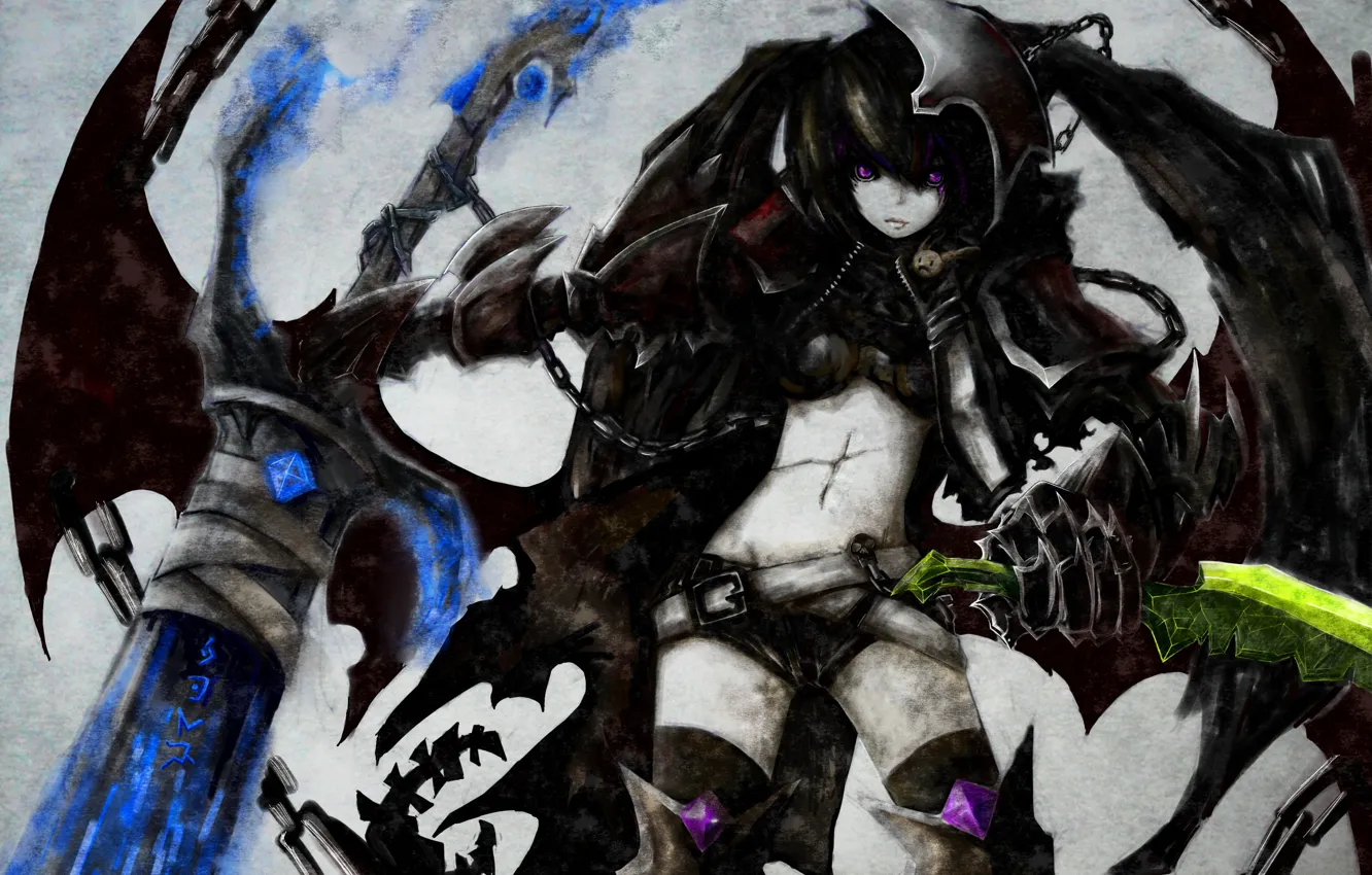 Photo wallpaper girl, weapons, wings, sword, anime, art, chain, black rock shooter