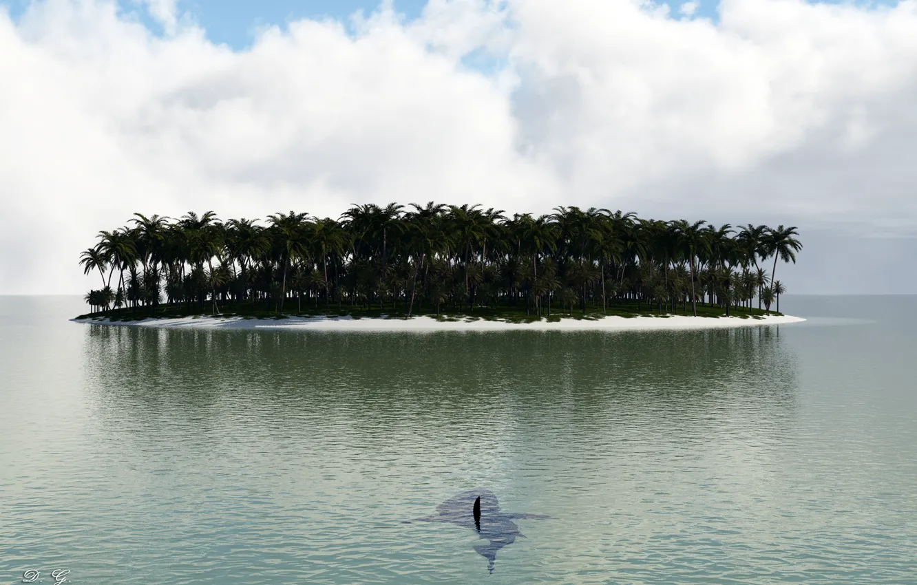 Photo wallpaper sea, clouds, palm trees, island, fish, art