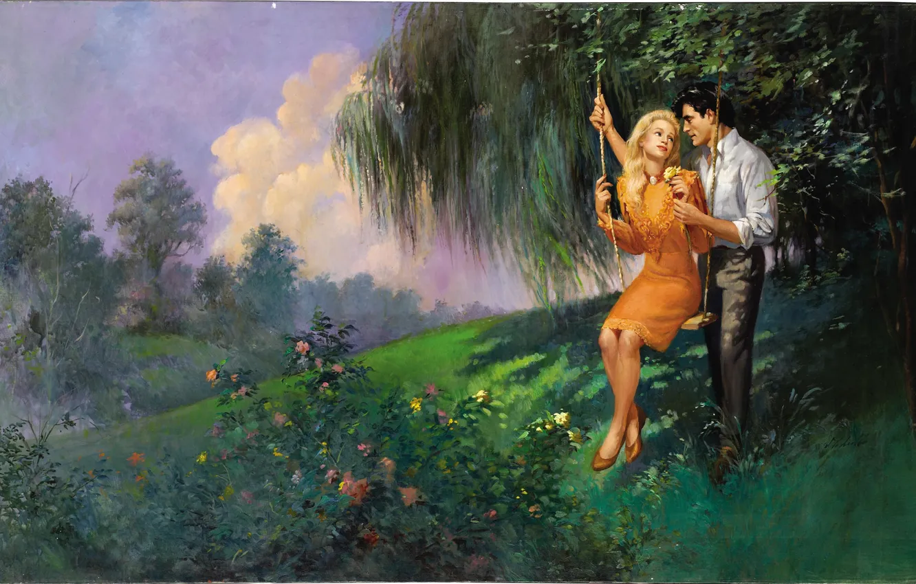 Photo wallpaper girl, nature, swing, blonde, pair, male, guy, Ed Tadiello