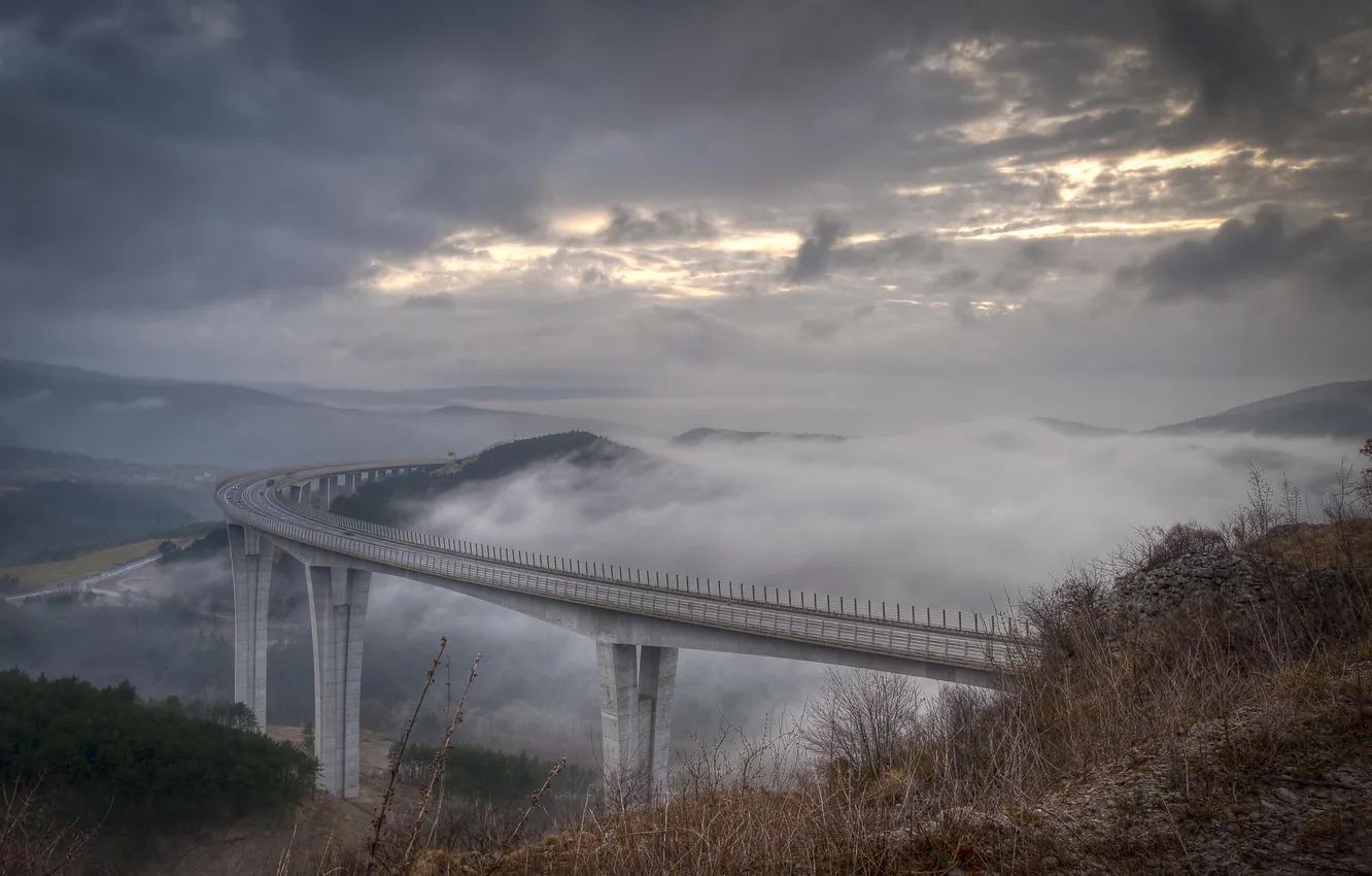 Photo wallpaper machine, clouds, bridge, fog