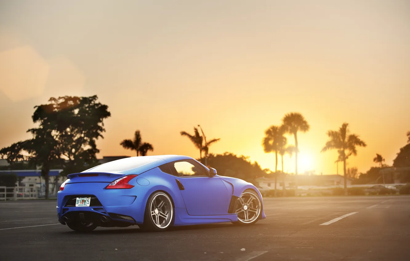 Photo wallpaper the sun, sunset, blue, tuning, Nissan, Blik, Nissan, blue