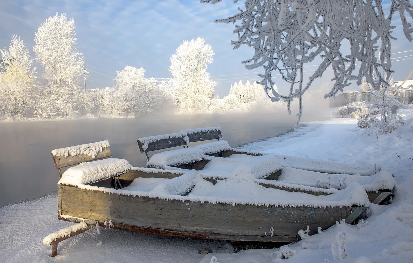 Photo wallpaper winter, landscape, river, boat