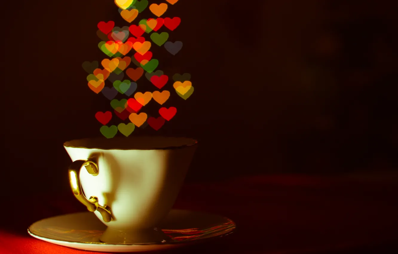 Photo wallpaper heart, Cup, saucer, bokeh