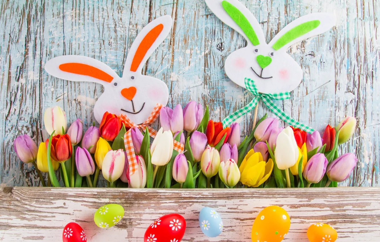 Photo wallpaper flowers, eggs, colorful, Easter, tulips, tulips, spring, Easter