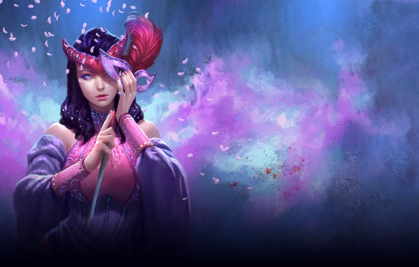 Photo wallpaper look, girl, background, feathers, petals, mask, fantasy, art