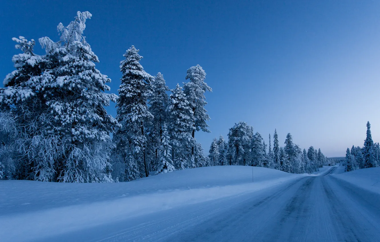 Photo wallpaper winter, road, snow, trees, nature, Finland