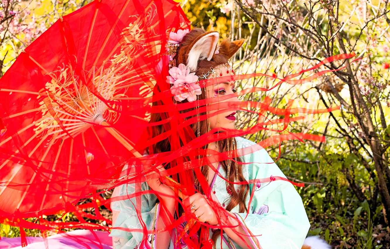 Photo wallpaper girl, flowers, branches, umbrella, costume, outfit, image, the bushes