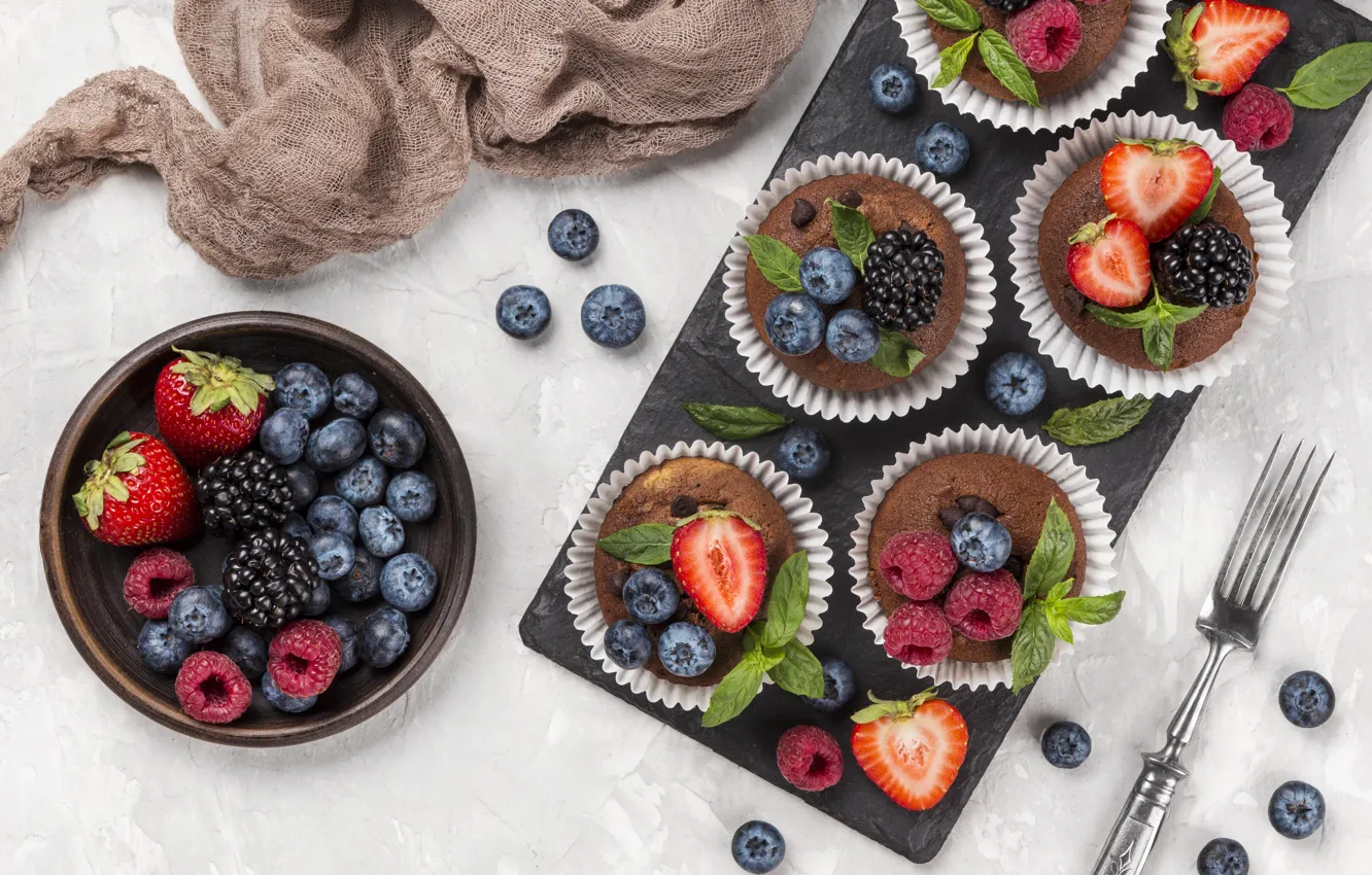Photo wallpaper berries, raspberry, strawberry, plug, BlackBerry, cupcakes, blueberries, muffins