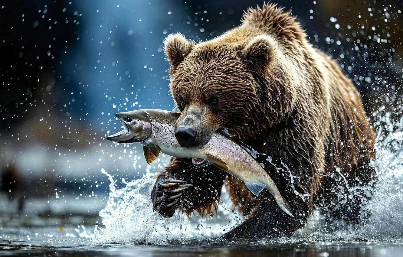 Photo wallpaper squirt, river, fish, bear, hunting, trout