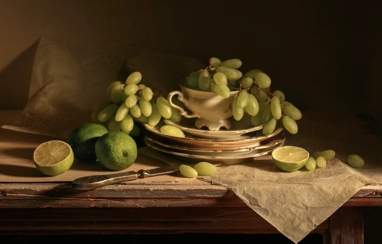 Photo wallpaper the dark background, grapes, knife, plates, dishes, lime, still life, items