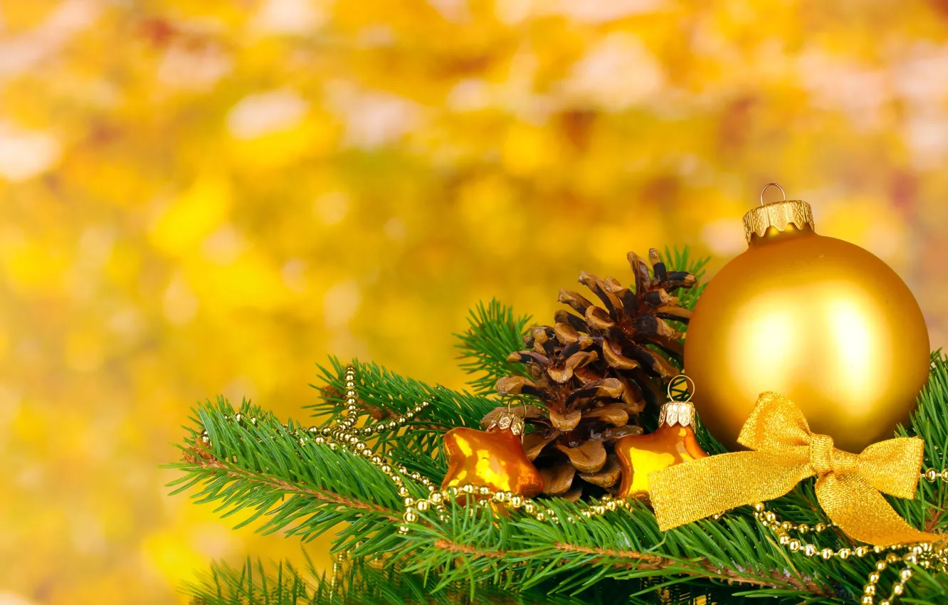 Photo wallpaper yellow, background, holiday, balls, Wallpaper, toys, tree, new year