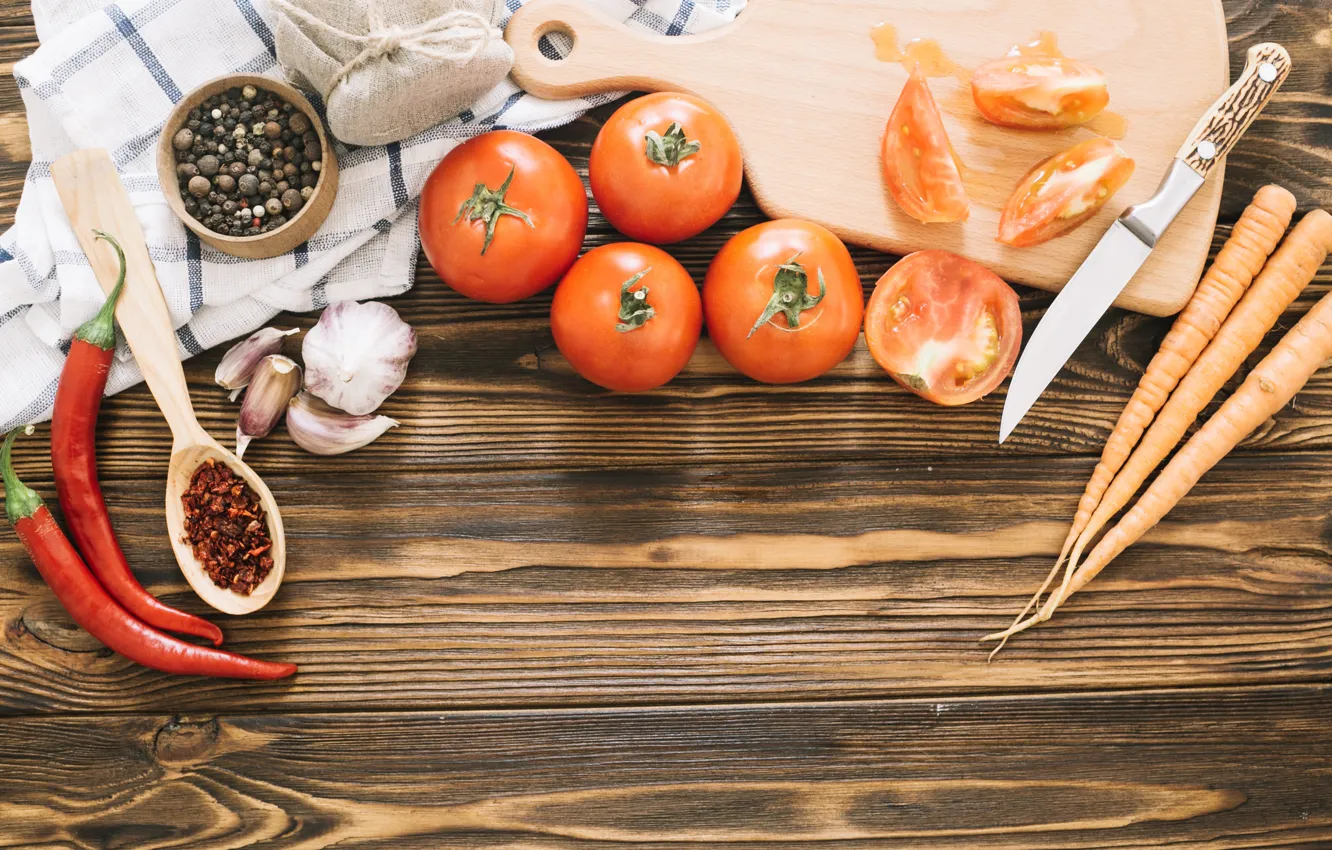 Photo wallpaper vegetables, tomato, carrots, seasoning