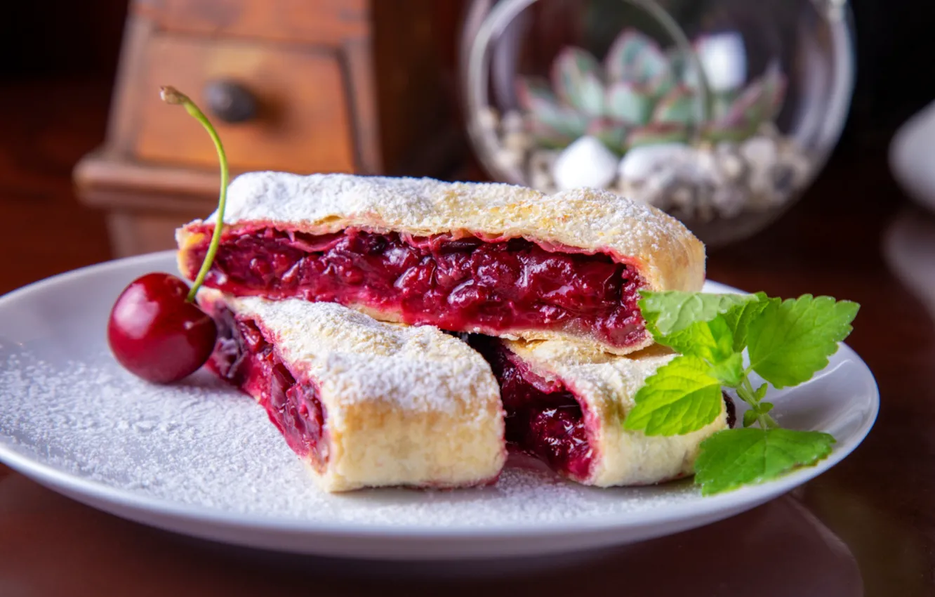 Photo wallpaper cherry, mint, dessert, strudel