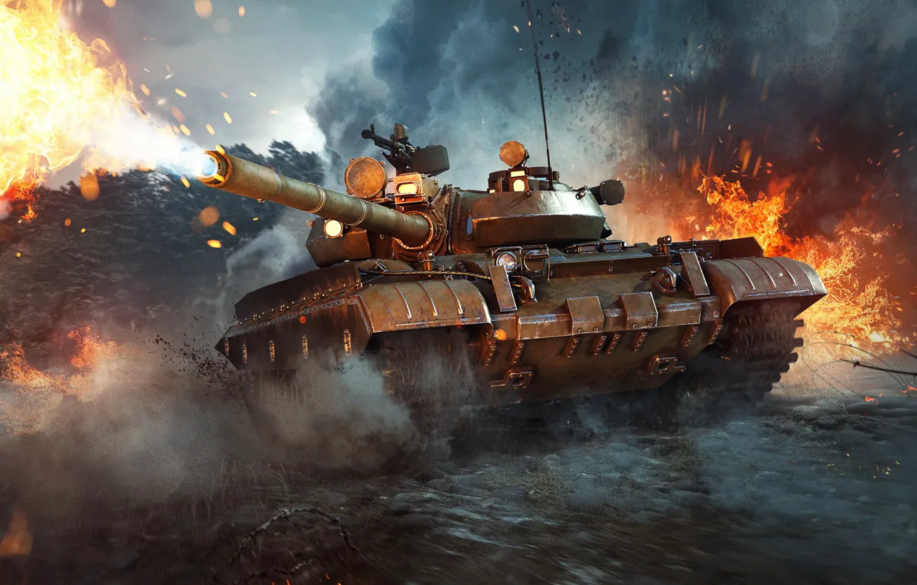 Photo wallpaper lights, flame, war, the game, smoke, technique, shot, tank