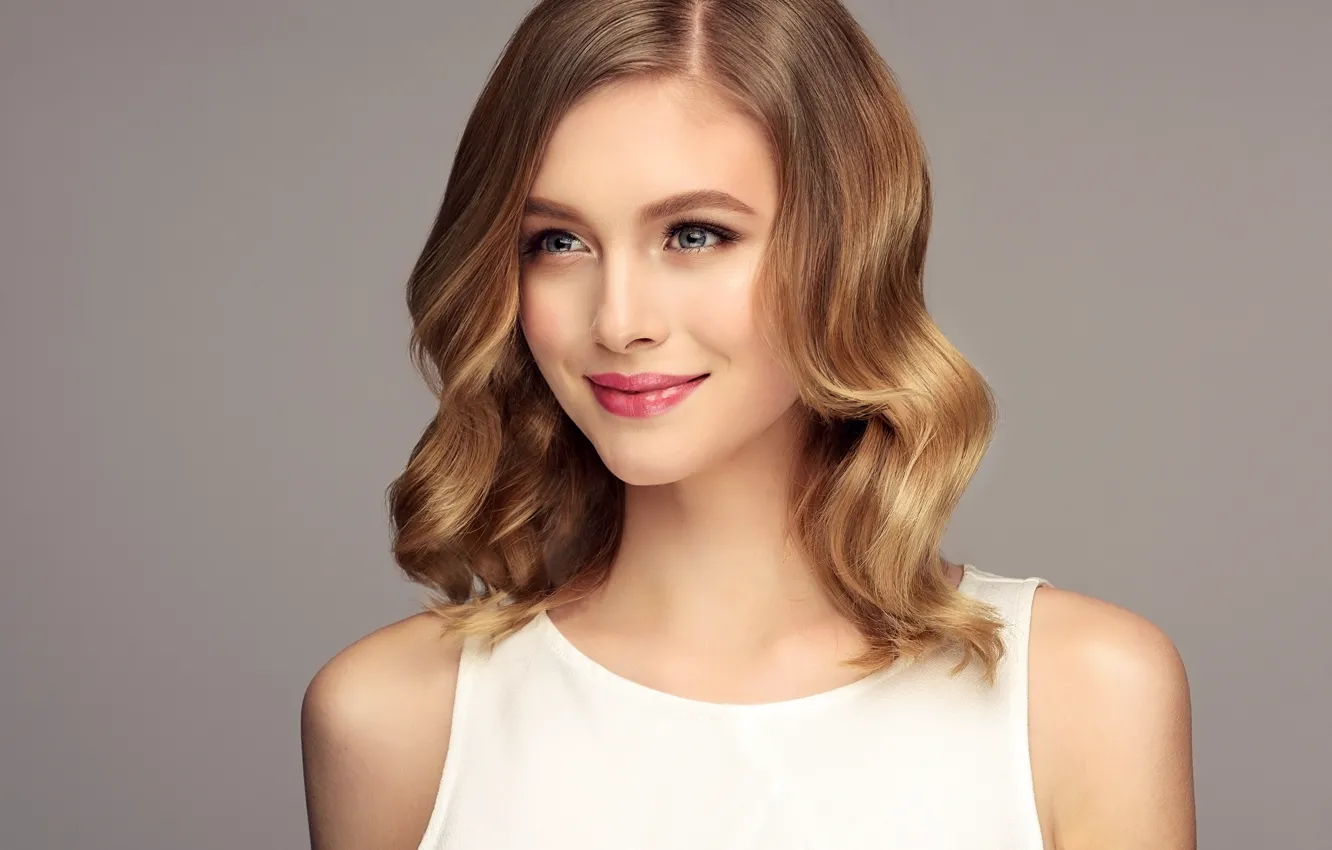 Photo wallpaper look, girl, smile, makeup, blonde, curls, model, Sofia Zhuravets'