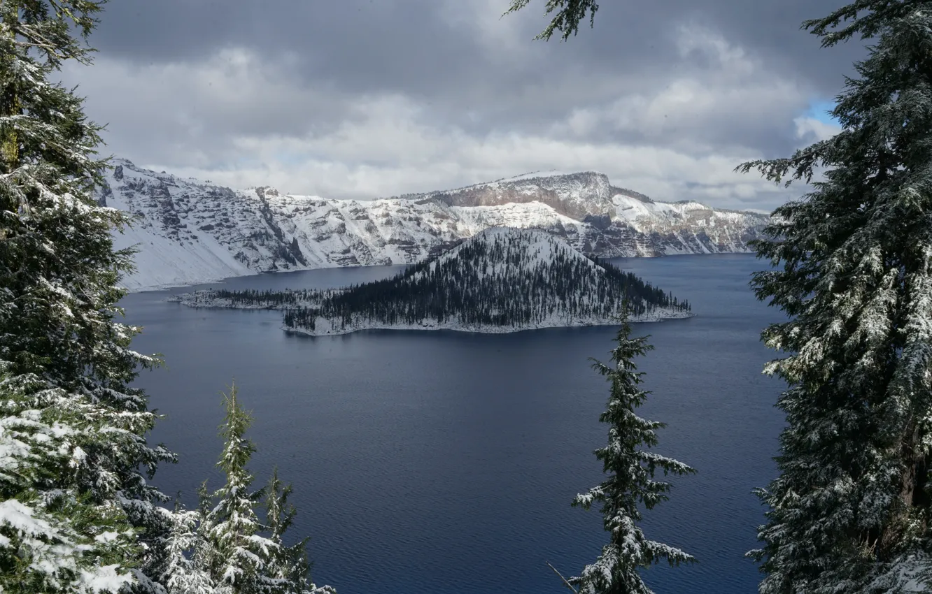 Photo wallpaper winter, the sky, clouds, snow, trees, mountains, clouds, nature