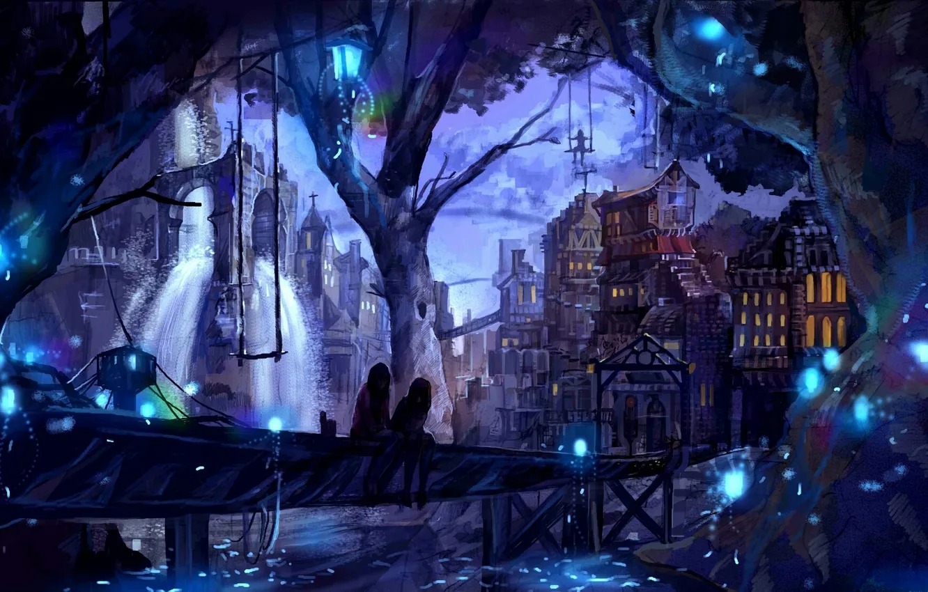 Photo wallpaper the sky, girl, clouds, trees, the city, lights, waterfall, home