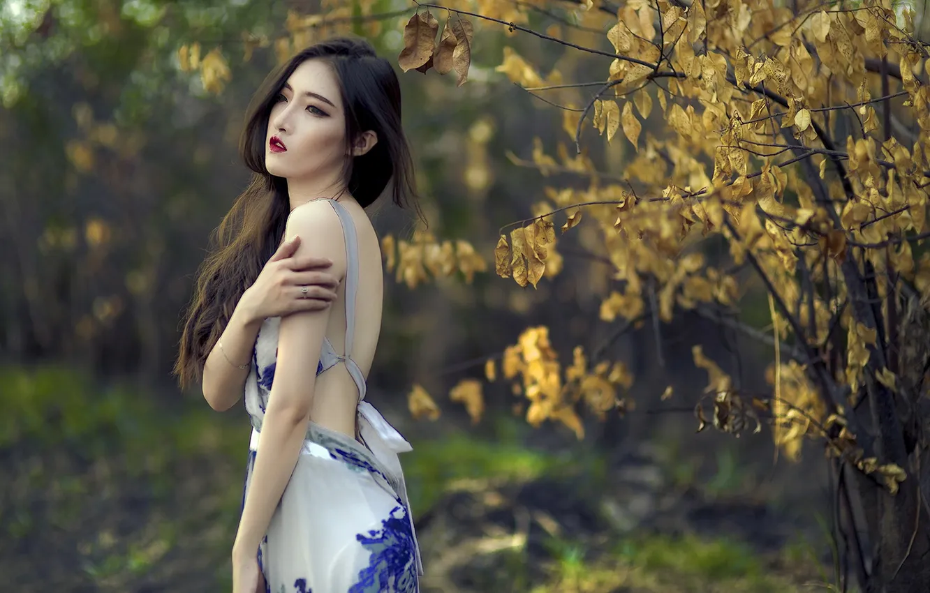 Photo wallpaper autumn, girl, Asian