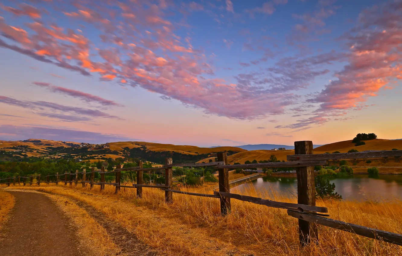 Photo wallpaper road, river, hills, the evening, fence
