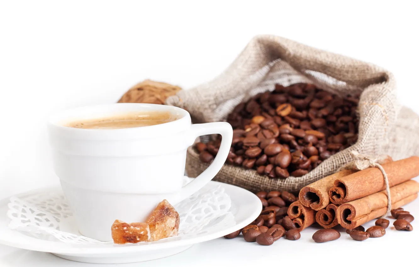 Photo wallpaper coffee, cinnamon, coffee beans, napkin, caramel, pouch