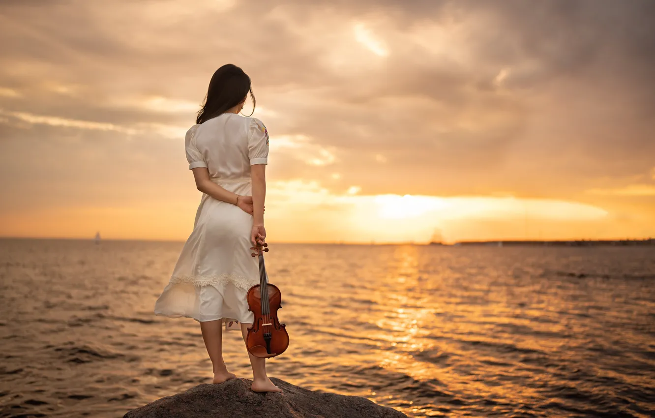 Photo wallpaper sea, girl, sunset, violin, dress