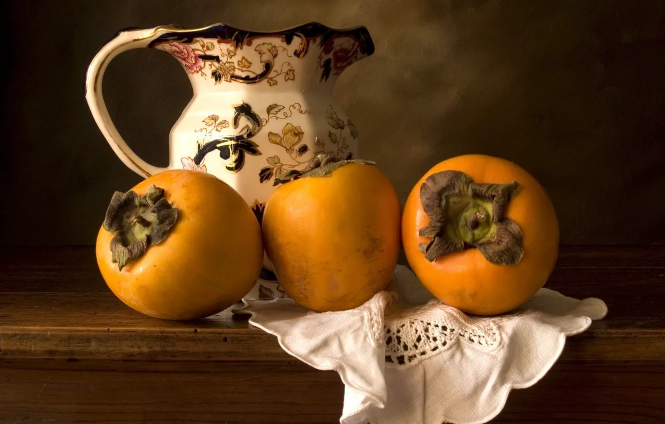 Photo wallpaper food, pitcher, fruit, delicious, persimmon