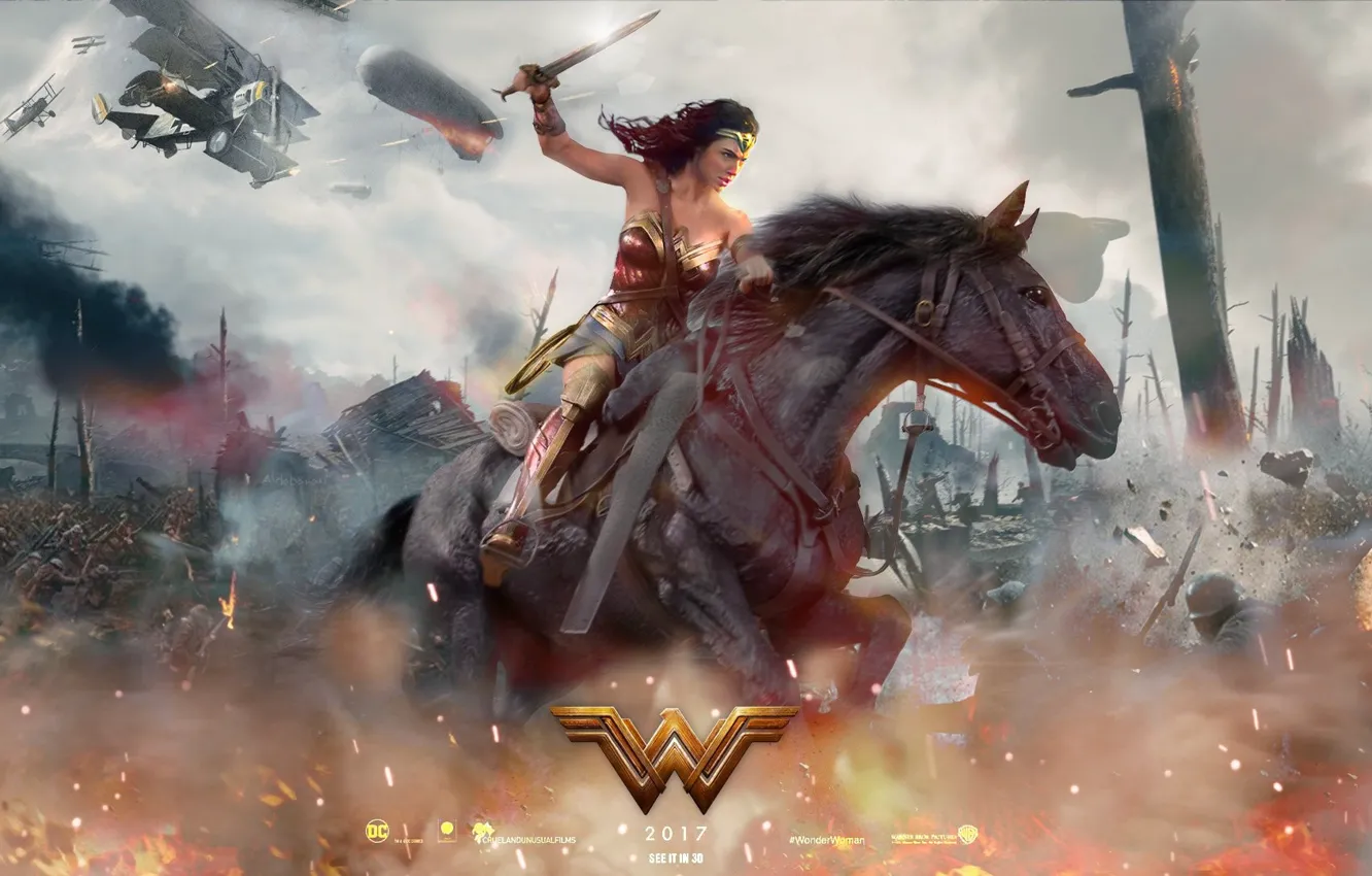 Photo wallpaper cinema, fire, battlefield, flame, sword, gun, Wonder Woman, dirigible
