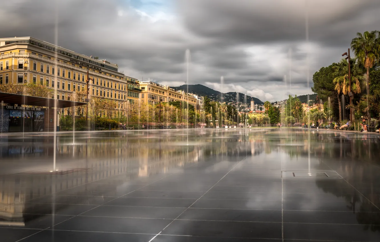 Photo wallpaper water, clouds, trees, landscape, mountains, bench, squirt, clouds