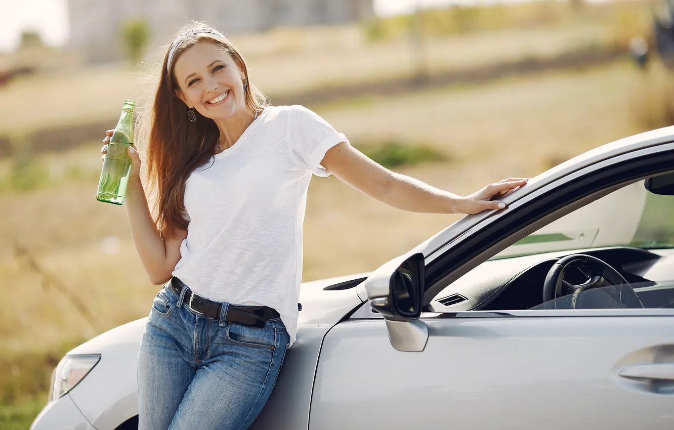 Photo wallpaper car, girl, young, beautiful, jeans