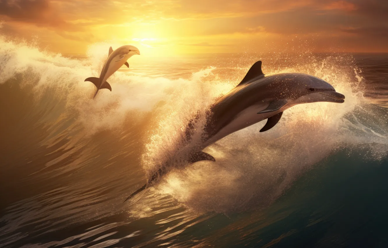 Photo wallpaper sea, wave, water, the ocean, jump, dolphins, swimming, sports