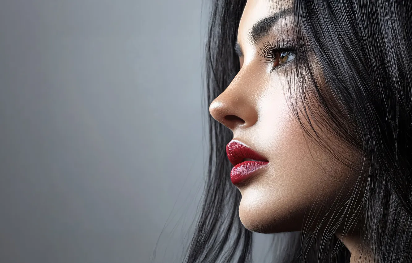 Photo wallpaper girl, face, makeup, brunette, profile, AI art, neural network