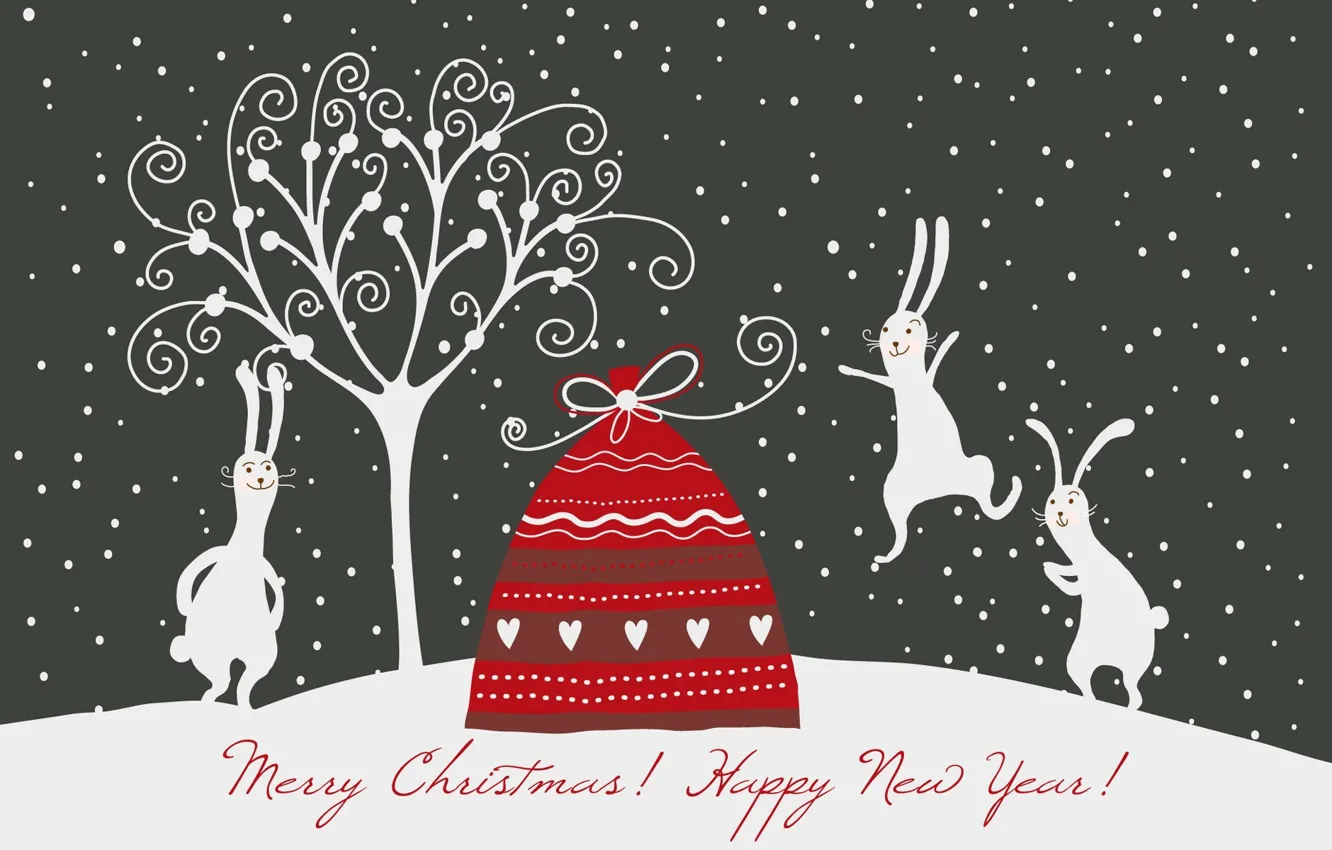 Photo wallpaper new year, Christmas, rabbits, rabbits, a bag with gifts