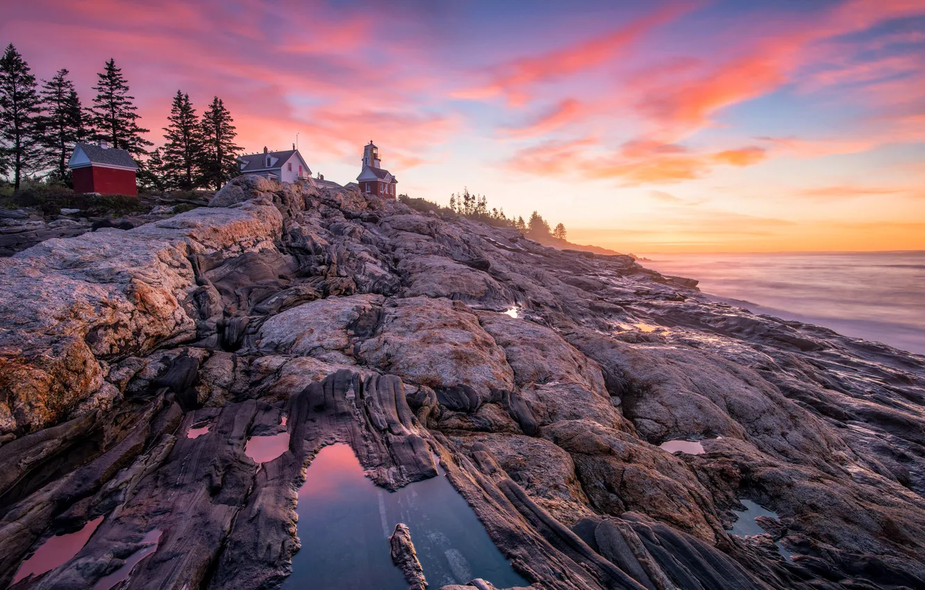 Photo wallpaper sea, rocks, lighthouse, the evening, houses