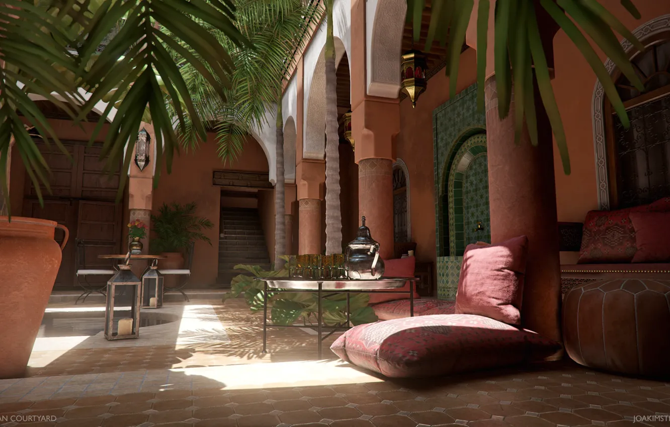 Photo wallpaper palm trees, table, yard, poof, Moroccan Courtyard