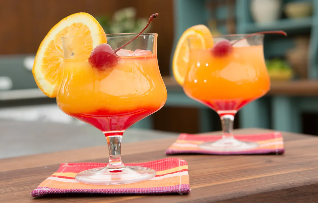 Photo wallpaper cherry, orange, glasses, cocktail, drink, Tequila Sunrise