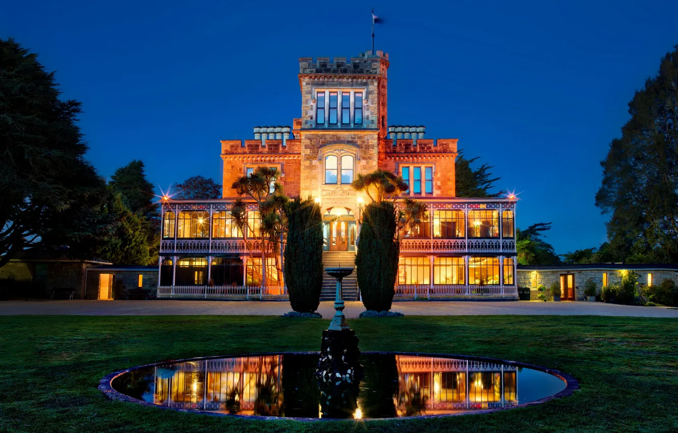 Photo wallpaper night, lights, Park, castle, building, fountain