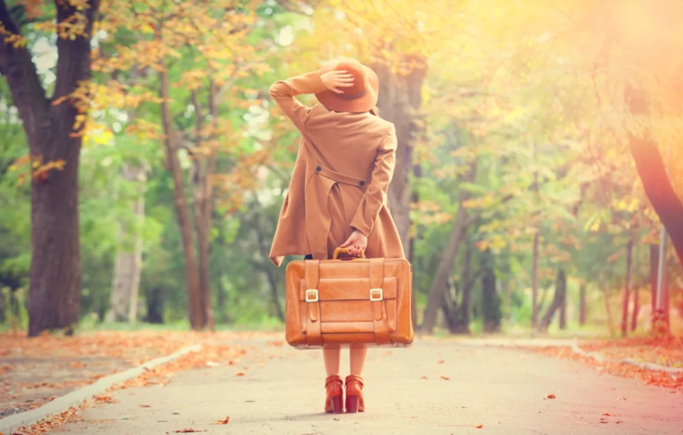 Photo wallpaper road, autumn, girl, traveling alone