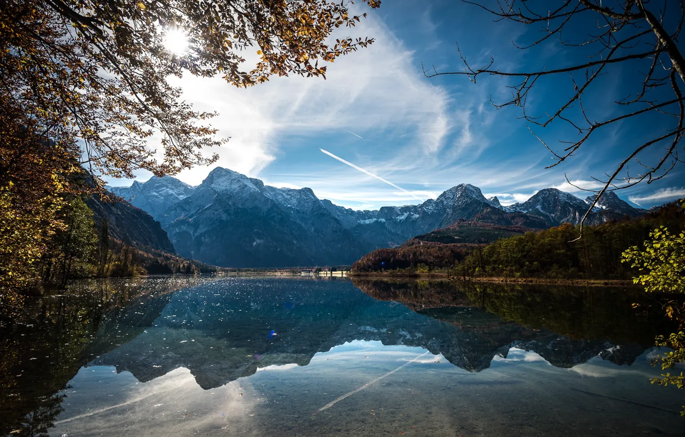 Photo wallpaper autumn, the sun, trees, landscape, mountains, nature, lake, reflection