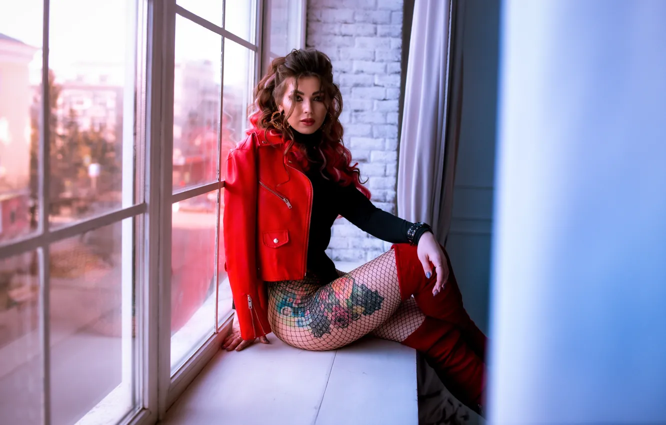 Photo wallpaper girl, stockings, boots, window, jacket, tattoo, sill, brown hair