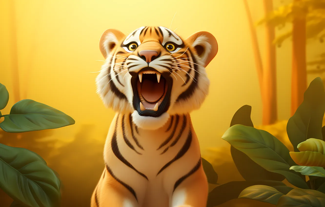 Photo wallpaper look, tiger, predator, fangs, grin, cub, kitty, face