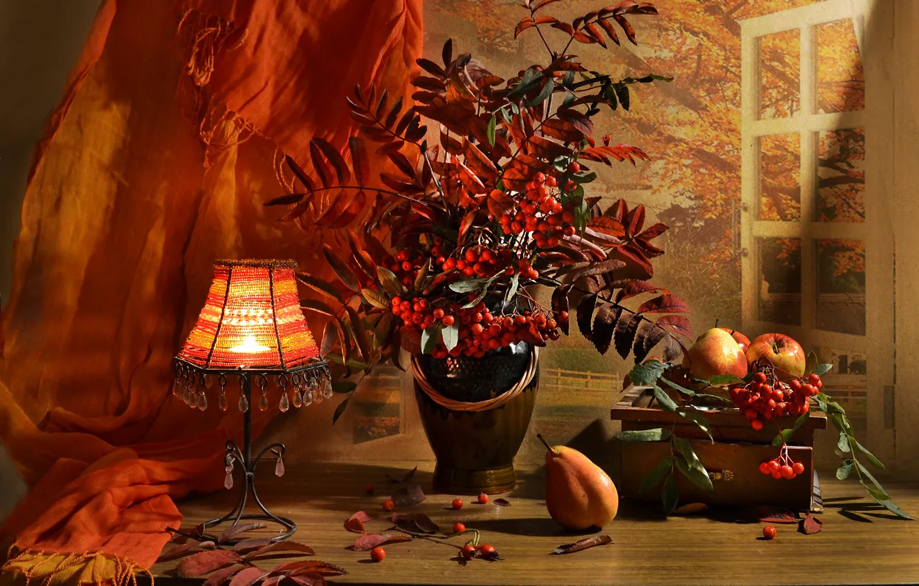 Photo wallpaper autumn, branches, berries, apples, lamp, vase, pear, fruit