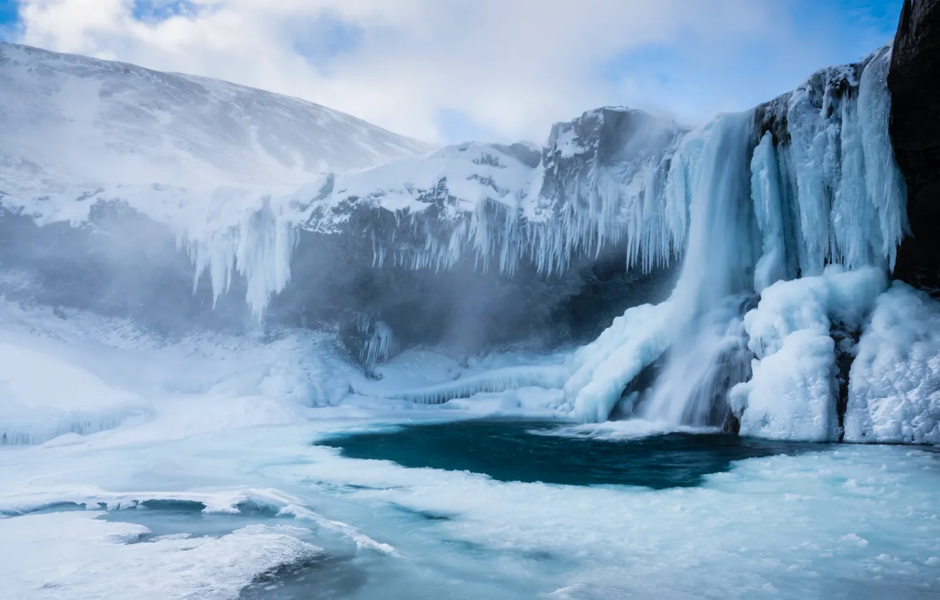 Photo wallpaper ice, winter, clouds, snow, mountains, fog, rocks, shore