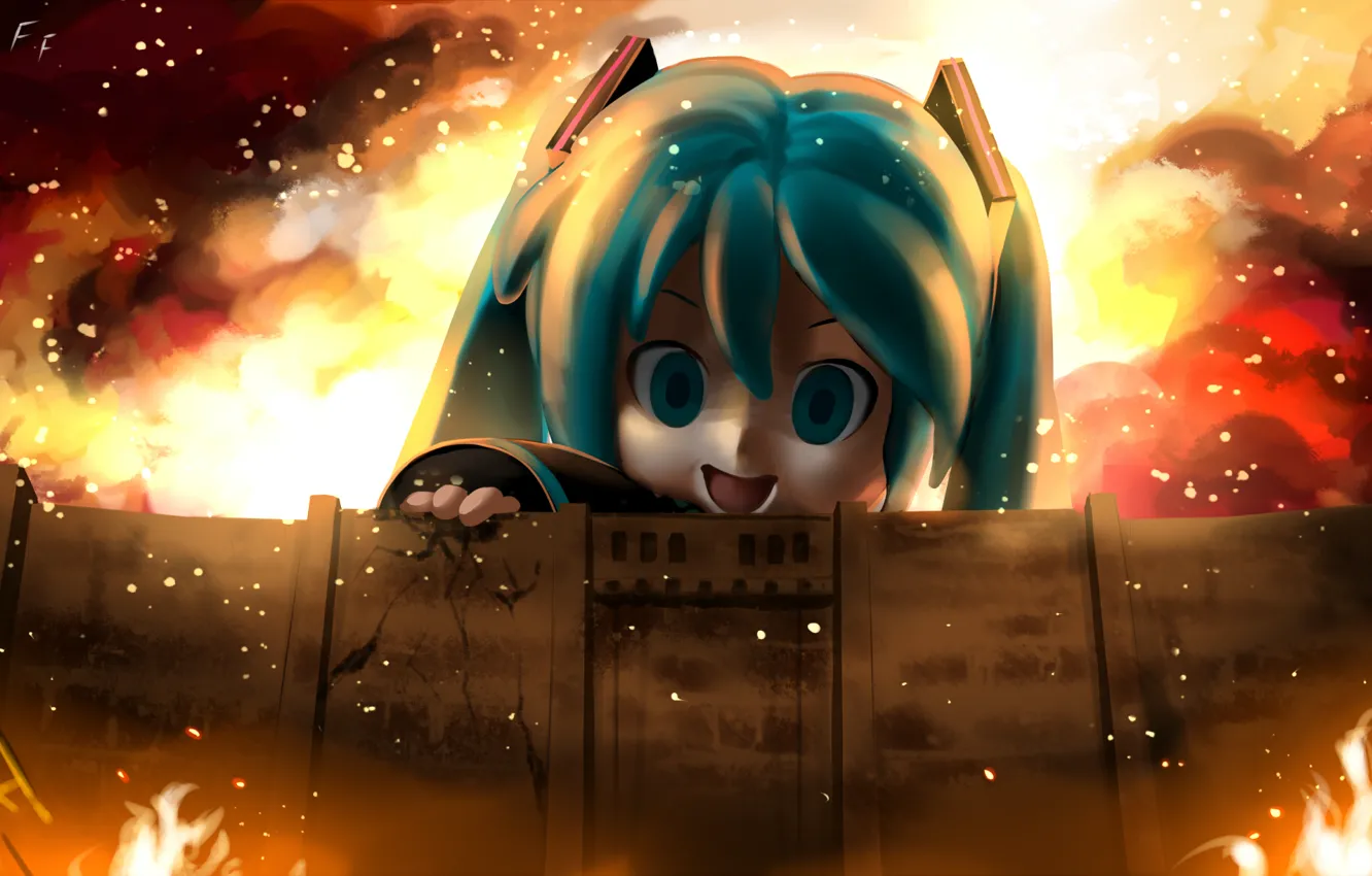 Photo wallpaper fire, wall, Hatsune Miku, Attack on Titan, WIT STUDIO