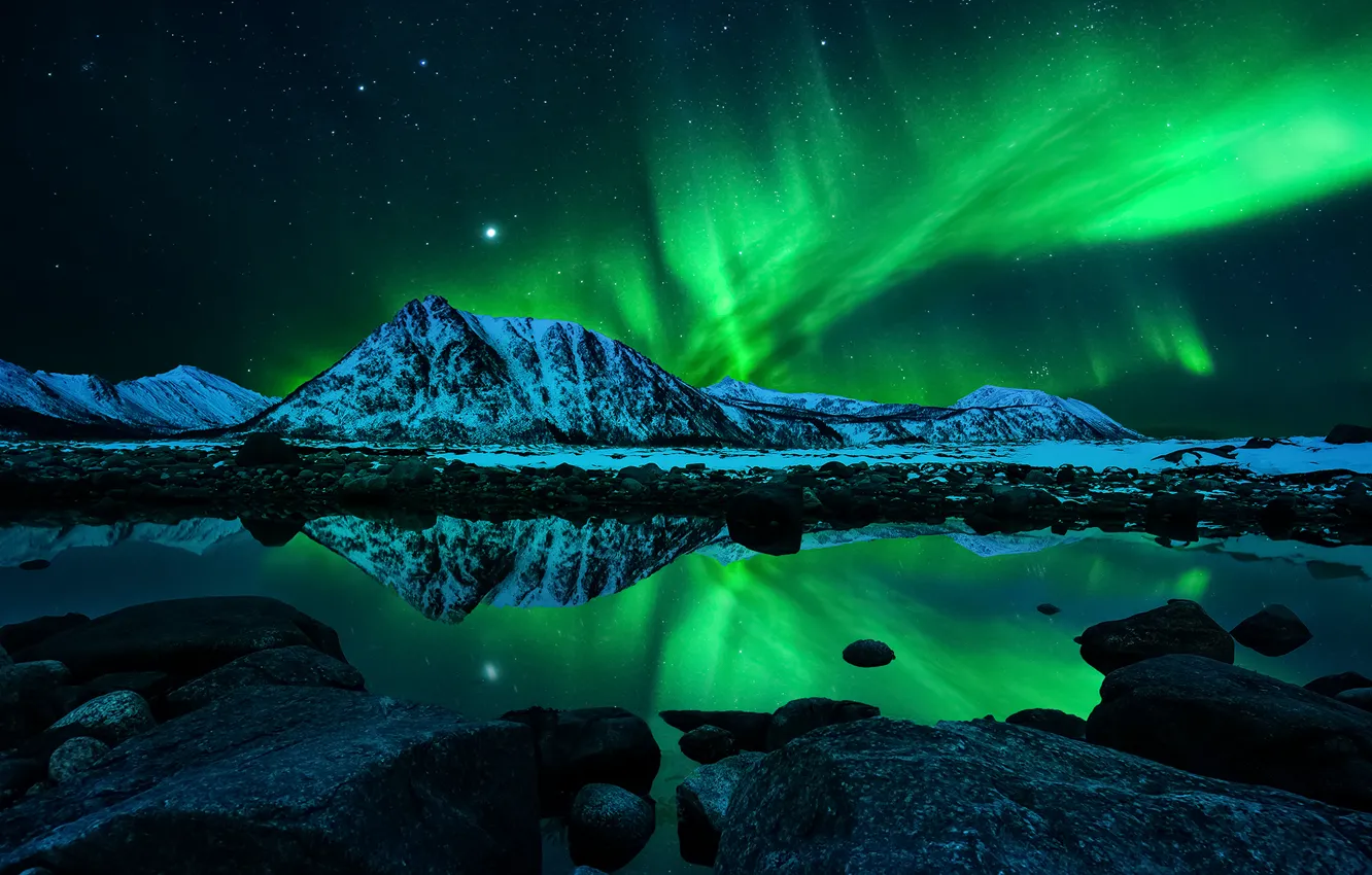 Photo wallpaper the sky, stars, mountains, night, lights, reflection, Northern lights, Aurora Borealis