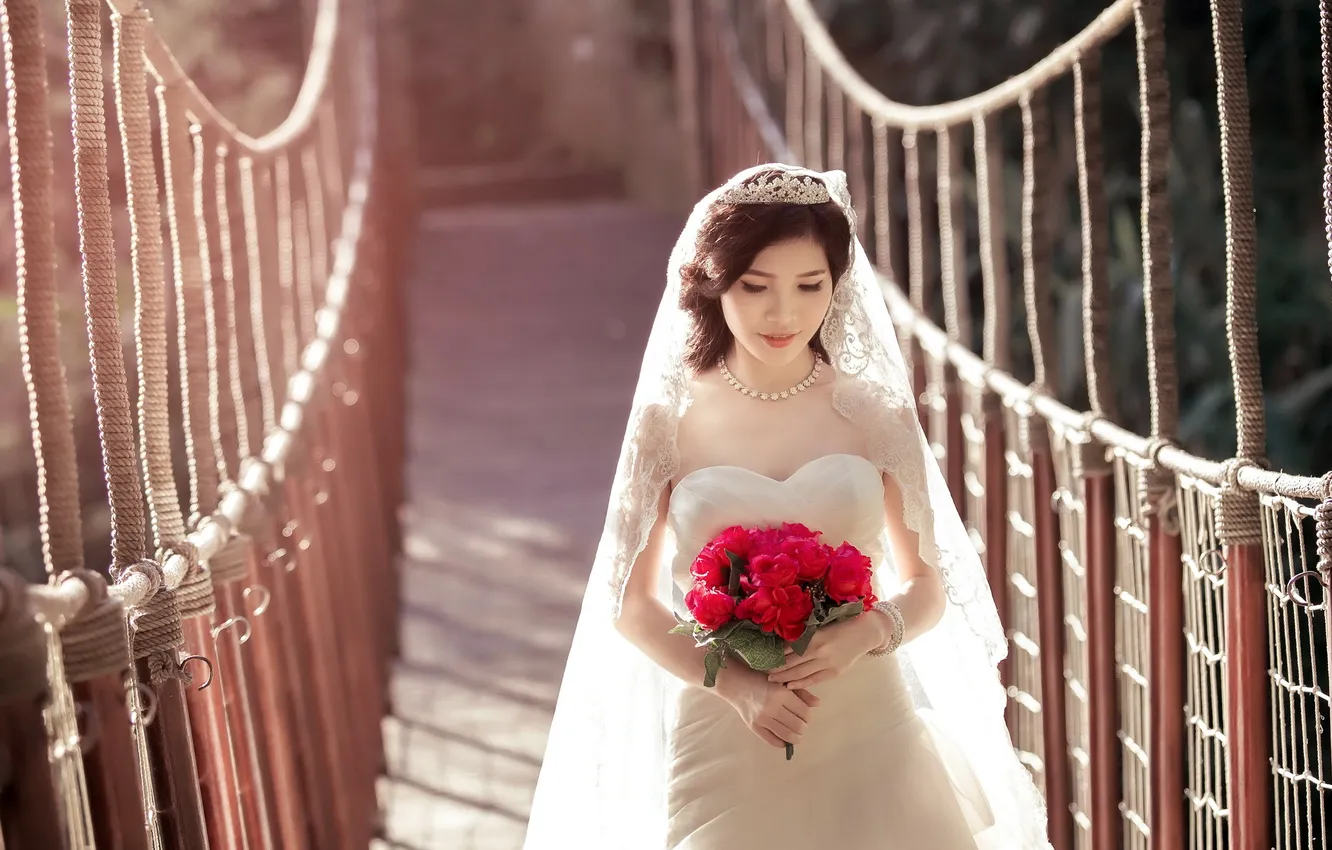 Photo wallpaper girl, flowers, bridge, Asian, the bride
