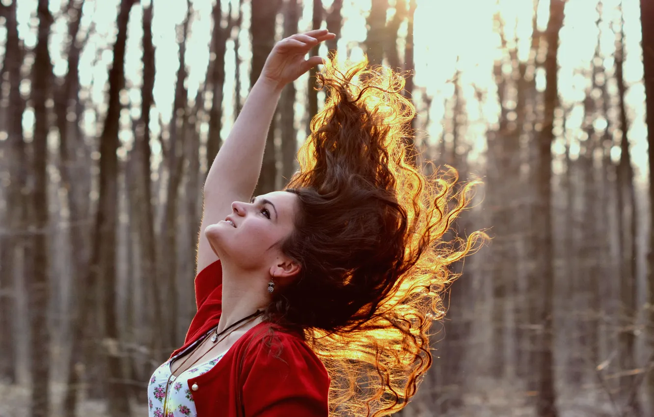 Photo wallpaper forest, girl, trees, profile, brown hair, curls
